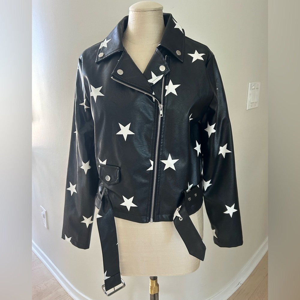 Nasty Gal Black faux Leather Jacket with White Stars